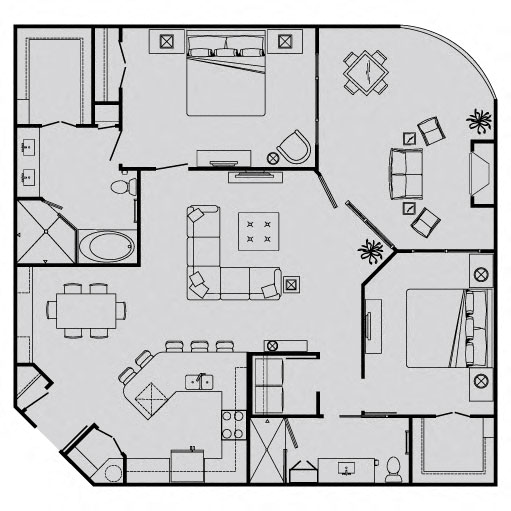 Floor plan for 2 beds, 2 baths, 1381 sqft