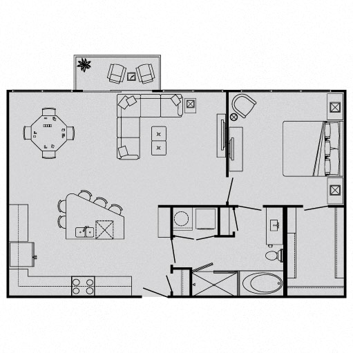 Floor plan for 1 bed, 1 bath, 904 sqft