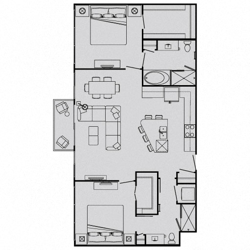Floor plan for 2 beds, 2 baths, 1095 sqft