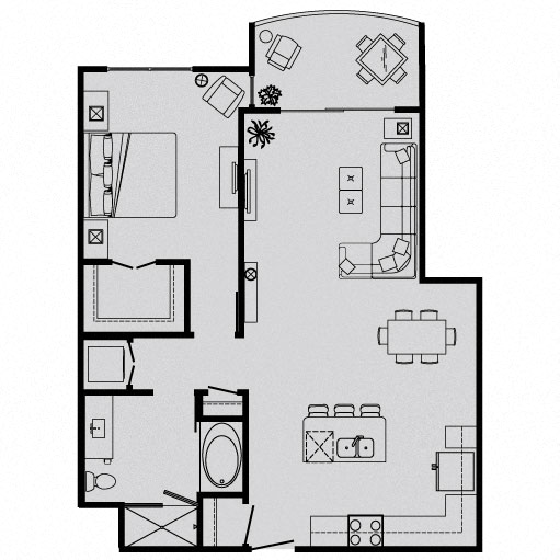 Floor plan for 1 bed, 1 bath, 835 sqft