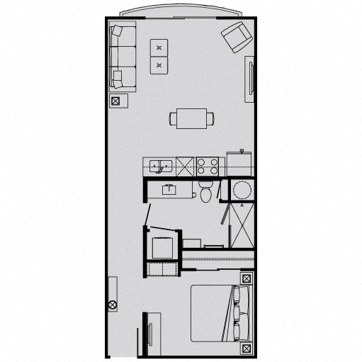 Floor plan for studio, 1 bath, 623 sqft