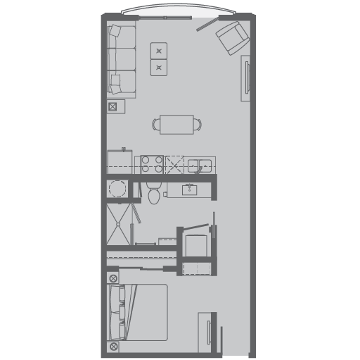 Floor plan for 1 bed, 1 bath, 623 sqft