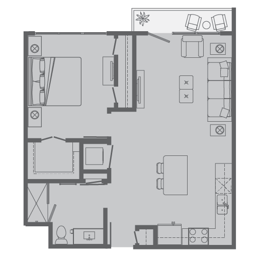 Floor plan for 1 bed, 1 bath, 680 sqft