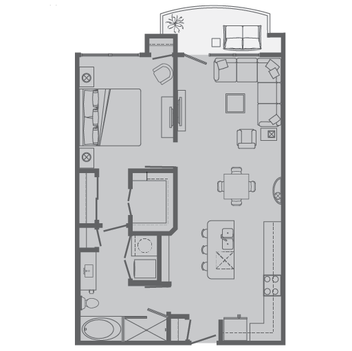 Floor plan for 1 bed, 1 bath, 821 sqft