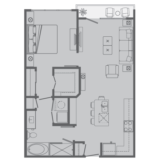 Floor plan for 1 bed, 1 bath, 758 sqft