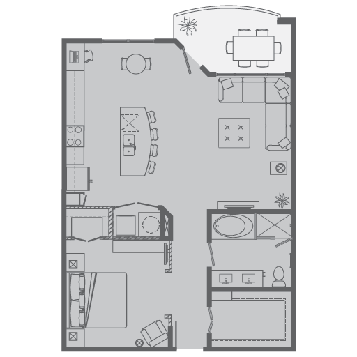 Floor plan for 1 bed, 1 bath, 882 sqft