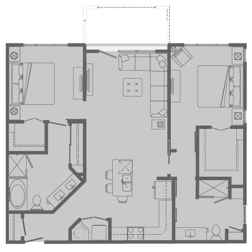 Floor plan for 2 beds, 2 baths, 1136 sqft