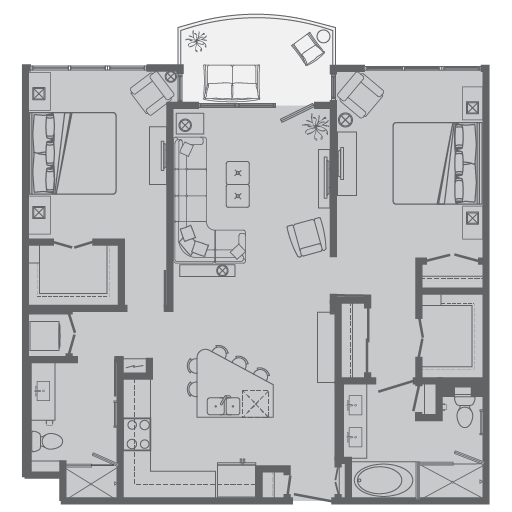 Floor plan for 2 beds, 2 baths, 1162 sqft