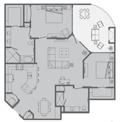Floor plan for 2 beds, 2 baths, 1308 sqft