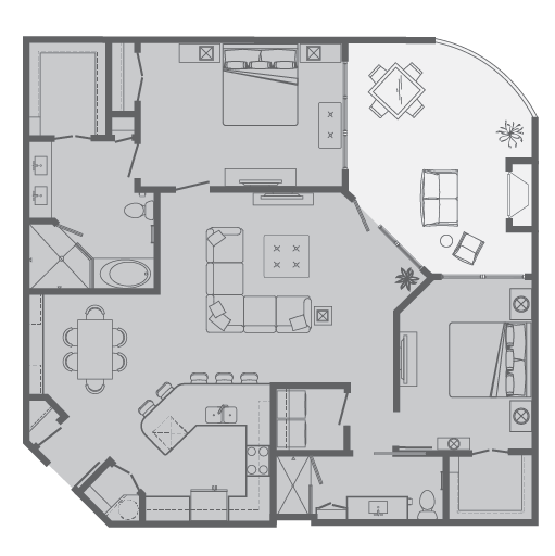 Floor plan for 2 beds, 2 baths, 1369 sqft