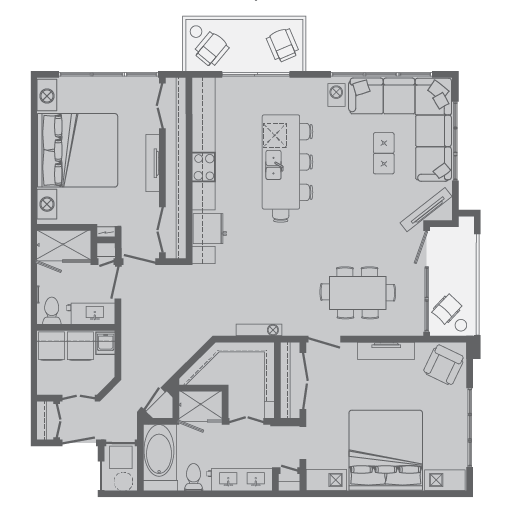 Floor plan for 2 beds, 2 baths, 1353 sqft