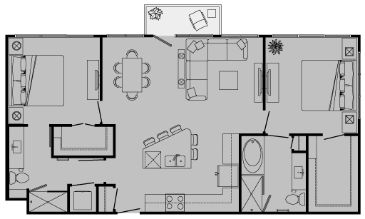 Floor plan for 2 beds, 2 baths, 1095 sqft