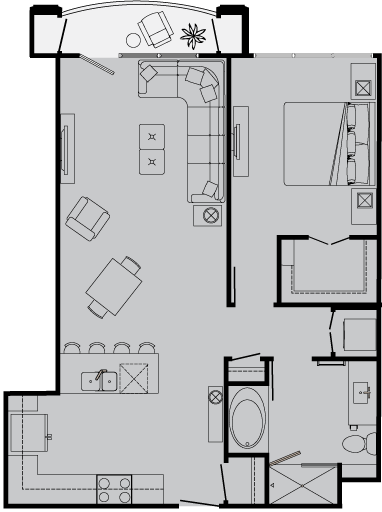 Floor plan for 1 bed, 1 bath, 829 sqft