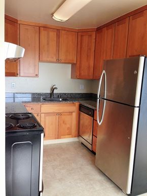 San Francisco apartment for rent - a kitchen with wooden cabinets and stainless steel appliances