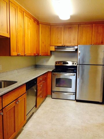 San Francisco apartment for rent - a kitchen with stainless steel appliances and wooden cabinets