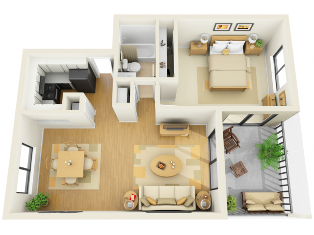 Floor plan for 1 bed, 1 bath, 740 sqft