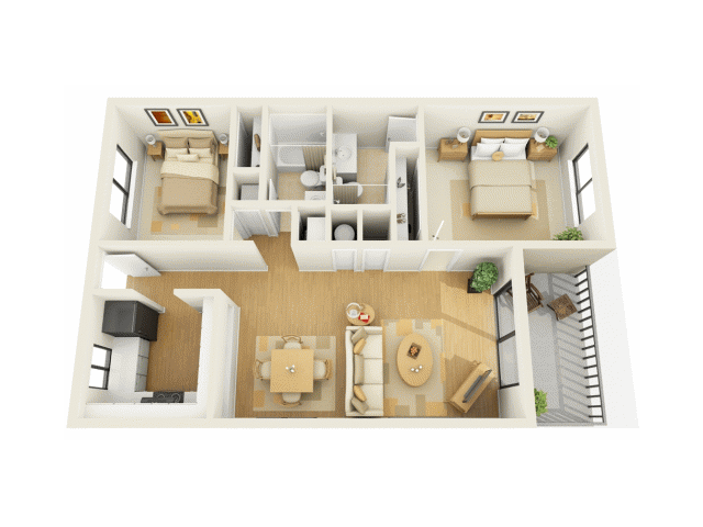 Floor plan for 2 beds, 2 baths, 1000 sqft