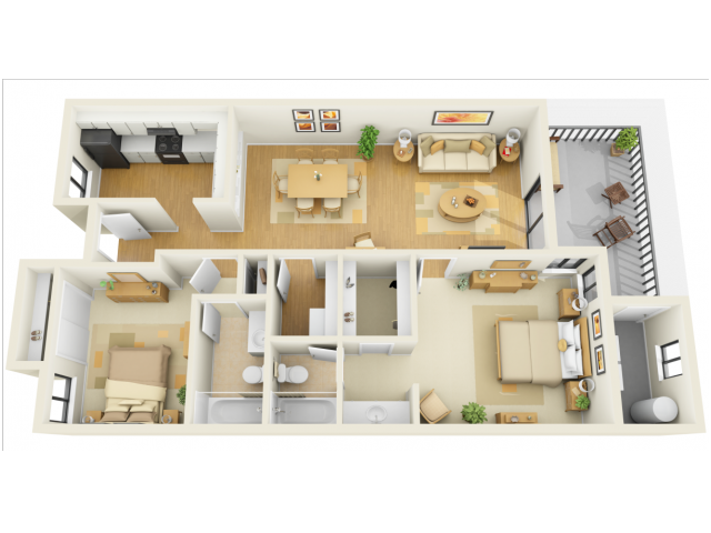 Floor plan for 2 beds, 2 baths, 1225 sqft