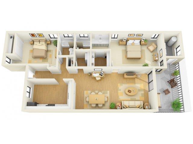 Floor plan for 2 beds, 2 baths, 1250 sqft