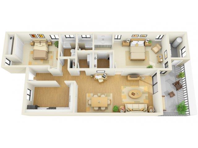 Floor plan for 2 beds, 2 baths, 1275 sqft