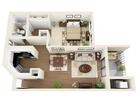 Floor plan for 1 bed, 1 bath, 834 sqft