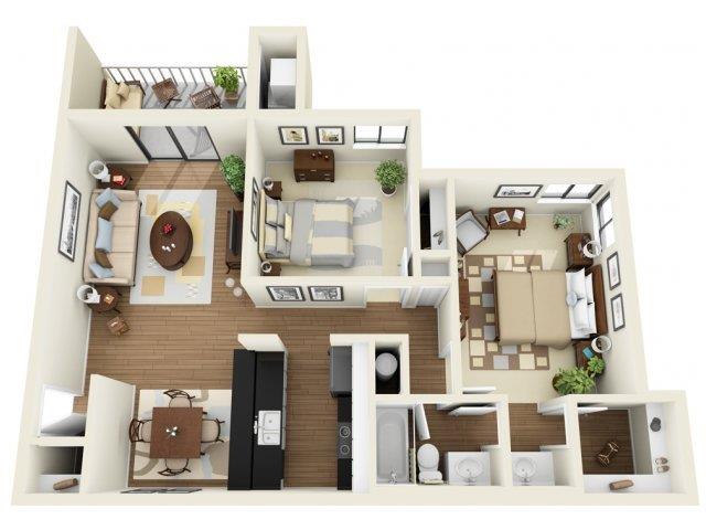 Floor plan for 2 beds, 1 bath, 1044 sqft