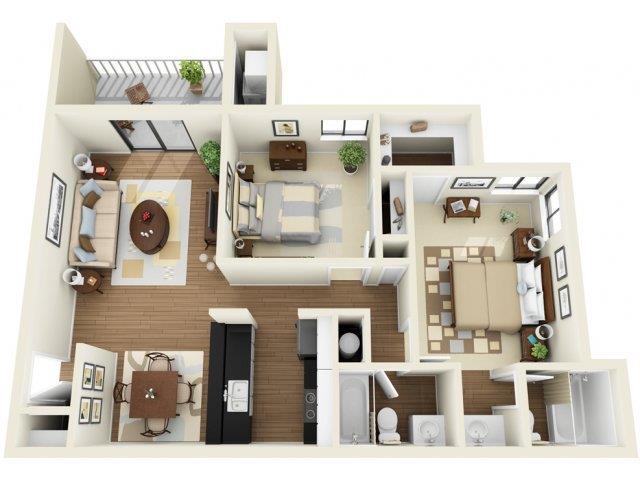 Floor plan for 2 beds, 2 baths, 1076 sqft