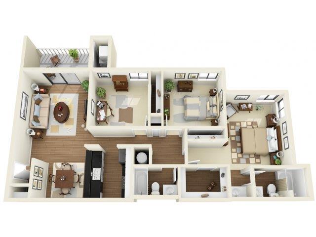 Floor plan for 3 beds, 2 baths, 1334 sqft