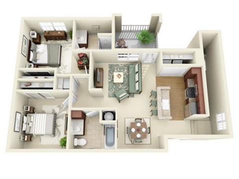 Floor plan for 2 beds, 2 baths, 1057 sqft