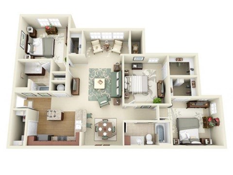 Floor plan for 3 beds, 2 baths, 1362 sqft