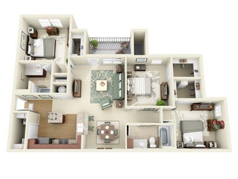 Floor plan for 3 beds, 2 baths, 1255 sqft