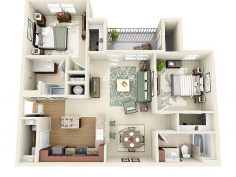 Floor plan for 2 beds, 2 baths, 1024 sqft