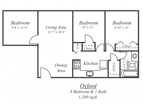 Floor plan for 3 beds, 1 bath, 1200 sqft