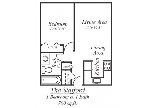 Floor plan for 1 bed, 1 bath, 700 sqft