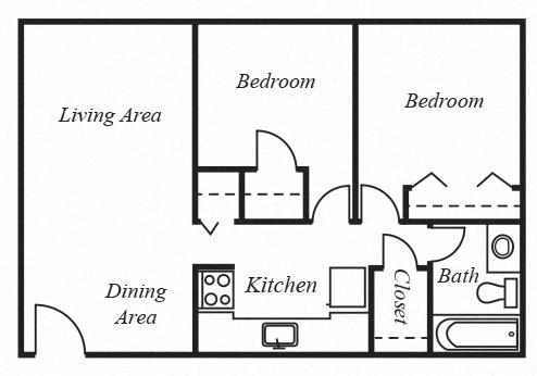 Floor plan for 2 beds, 1 bath, 900 sqft