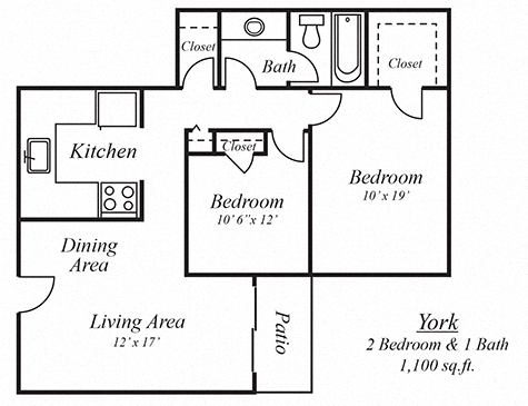Floor plan for 2 beds, 1 bath, 1100 sqft