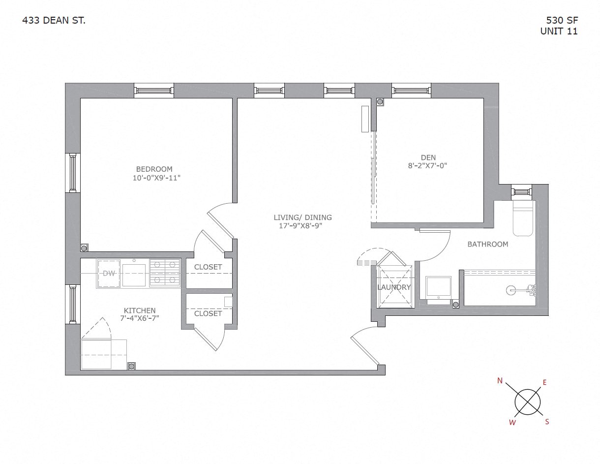 Floor plan for 1 bed, 1 bath, 600 sqft
