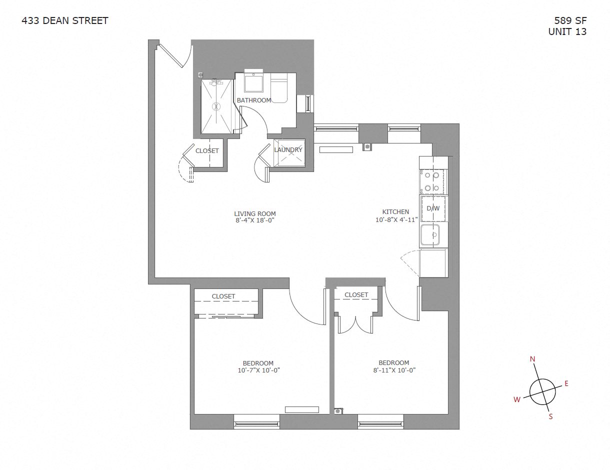 Floor plan for 2 beds, 1 bath, 601 sqft