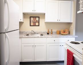 New Haven apartment for rent - a kitchen with white cabinets and a sink and a refrigerator