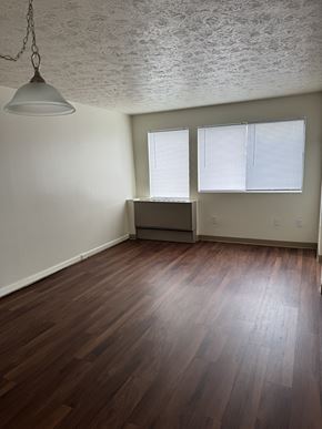 Worcester apartment for rent - A room with wooden floors and a hanging light fixture.