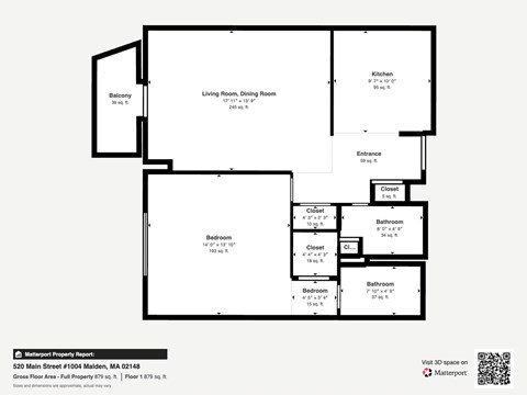 Floor plan for 1 bed, 1 bath