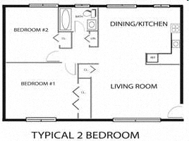 Floor plan for 2 beds, 1 bath, 912 sqft