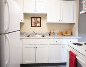 New Haven apartment for rent - a kitchen with white cabinets and a sink and a refrigerator