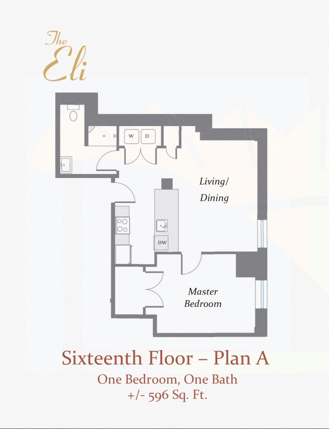 Floor plan for 1 bed, 1 bath, 596 sqft