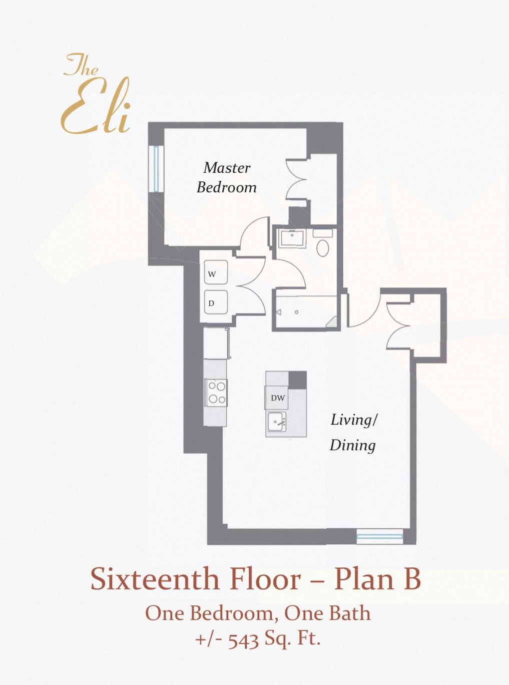 Floor plan for 1 bed, 1 bath, 543 sqft