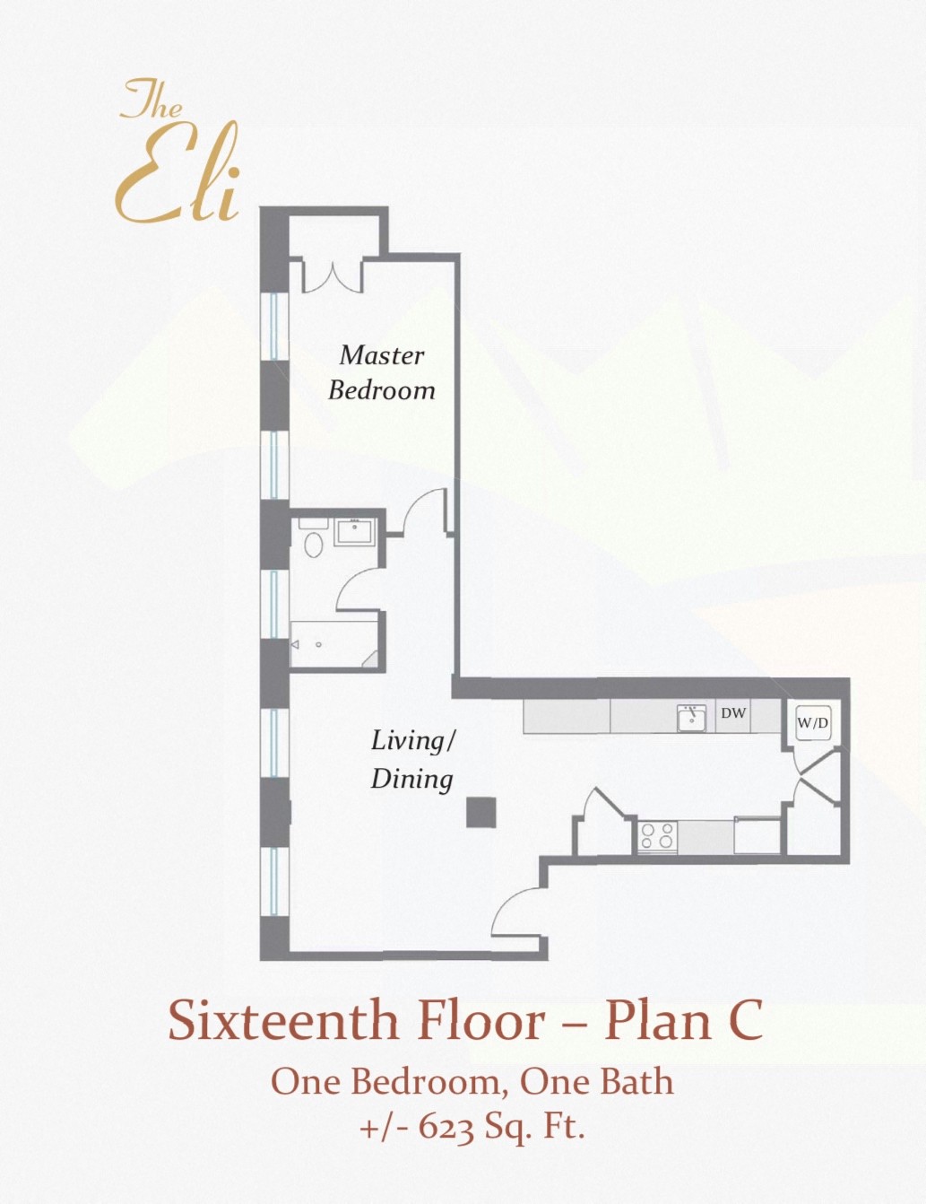 Floor plan for 1 bed, 1 bath, 623 sqft