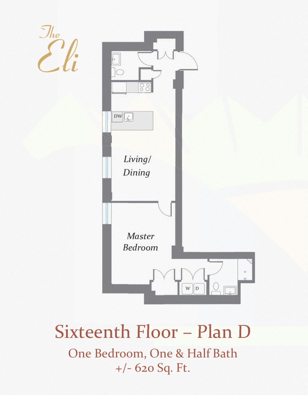 Floor plan for 1 bed, 1.5 baths, 620 sqft
