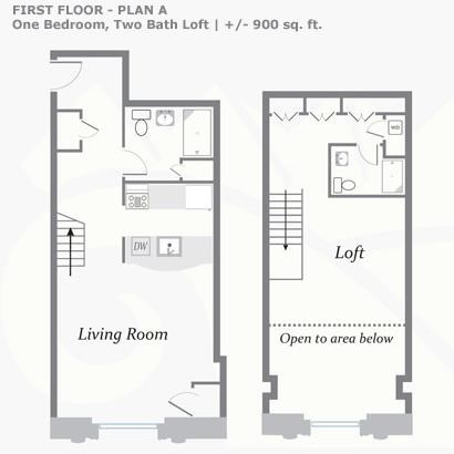 Floor plan for 1 bed, 2 baths, 900 sqft
