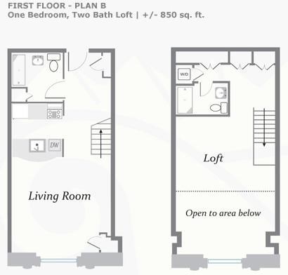 Floor plan for 1 bed, 2 baths, 850 sqft