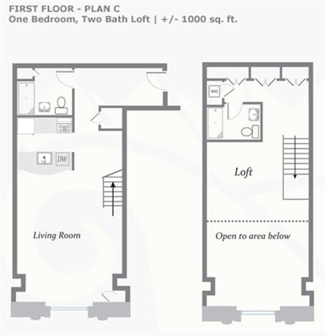 Floor plan for 1 bed, 2 baths, 998 sqft